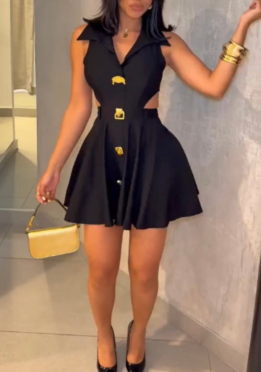 Golden Button Decor Turn-down Collar Sleeveless Waist Cutout Dress Zipper Back Umbrella Hem Party Dress