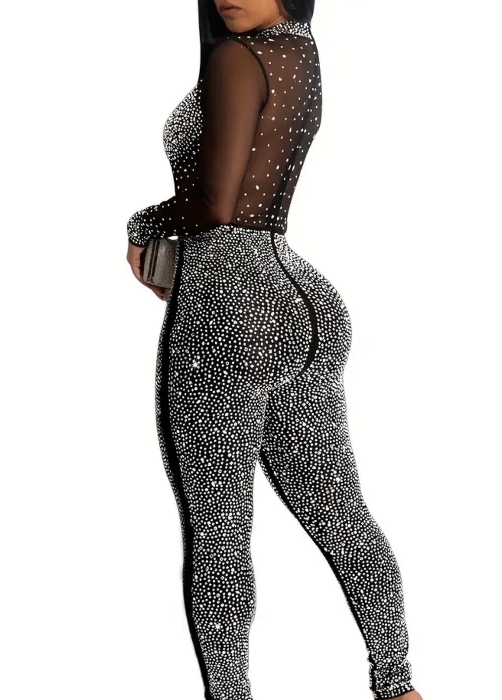 Solid Color Stand Neck Jumpsuit, Y2K Mesh Rhinestone Long Sleeve Jumpsuit For Spring & Summer, Women's Clothing