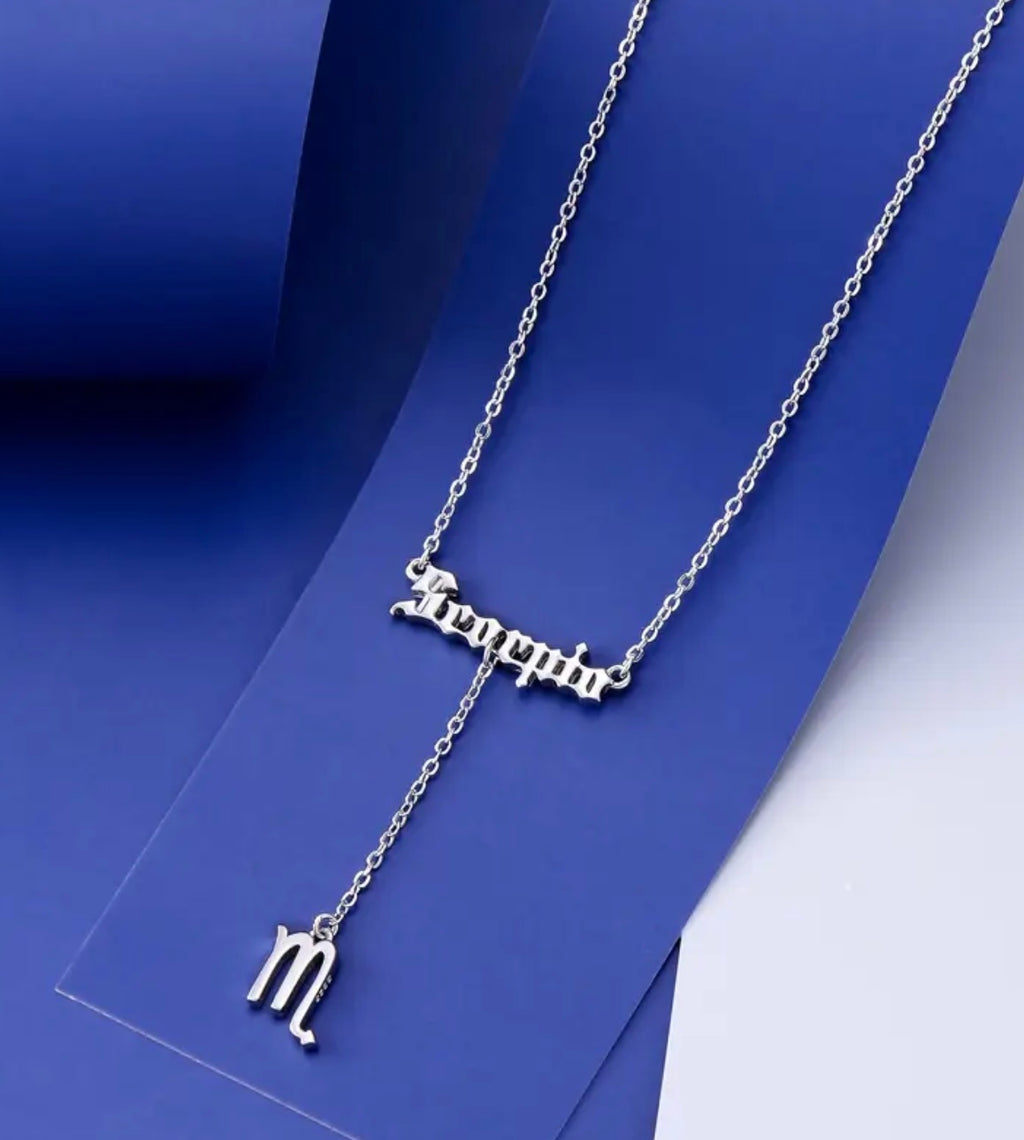 Zodiac Necklace 925 Sterling Silver 12 Constellation Lariat Necklace Old English Zodiac Sign Y-Shaped Pendant Necklace Horoscope Astrology Jewelry Gifts for Women