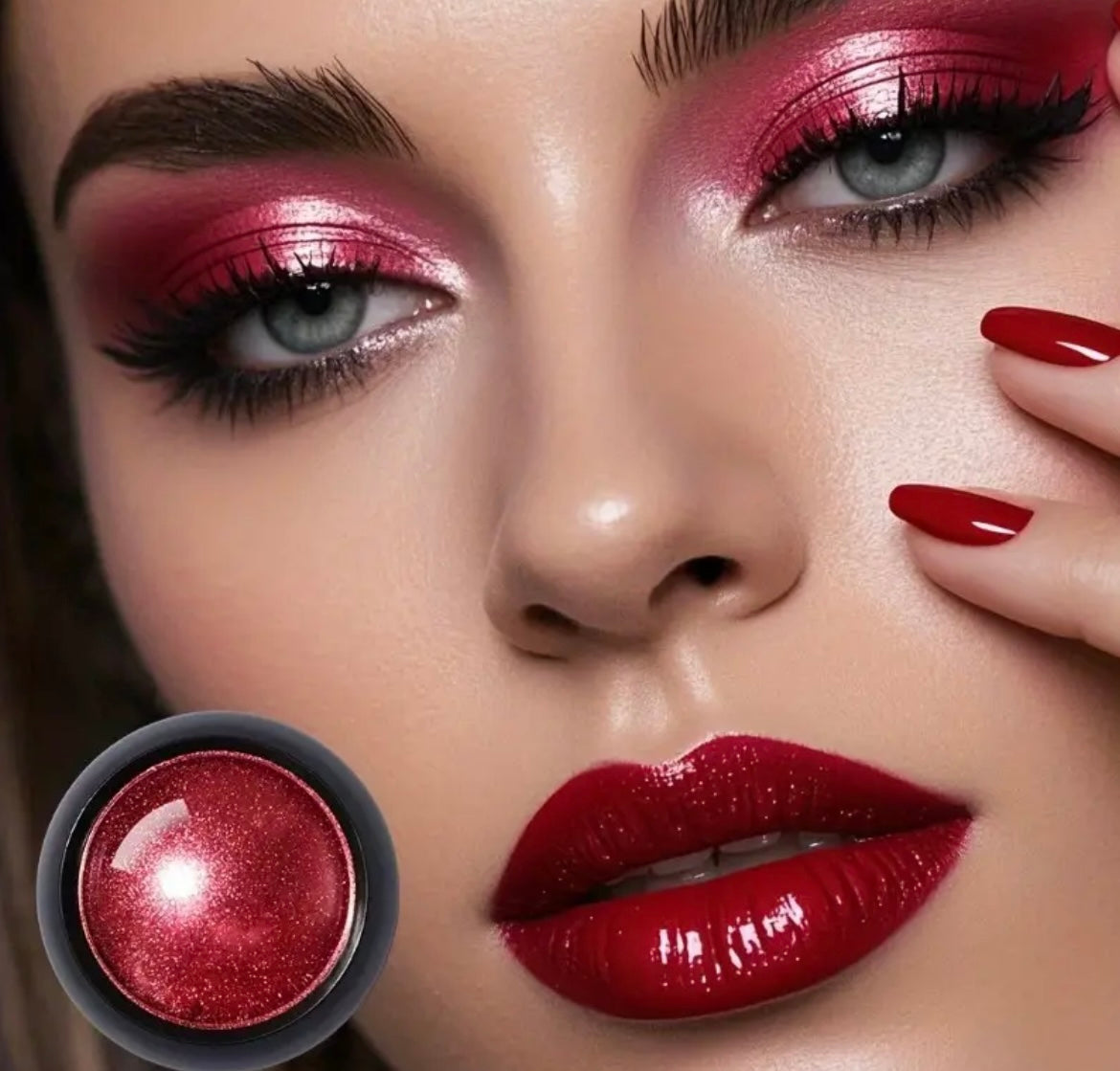 [Metallic Eyeshadow Powder] 3pcs Classic Red Metallic Eyeshadow Powder | Monochrome Satin Finish, Radiant Shimmer, 1 Brush Included, Versatile for Nail Art, Lip Makeup, Face Decoration, Gothic Futuristic Mechanical Look