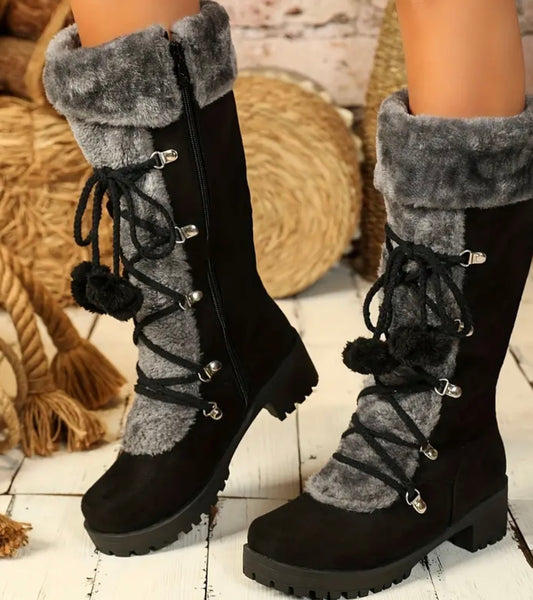 Elegant Women's Winter Faux Fur-Lined Knight Boots - Warm Mid-Calf Snow Boots with Chunky Heel, Pom-Pom Accents & Side Zipper | Cozy Thermal Insulated Riding Boots for Cold Weather, Winter Boots
