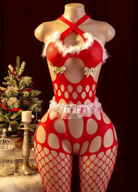 Women's Christmas Lingerie Jumpsuit - Off-Shoulder Grid Pattern Red & White Sheer Bodysuit with Lace Trim & Ruffled Details for Holiday Flirting & Intimate Nights