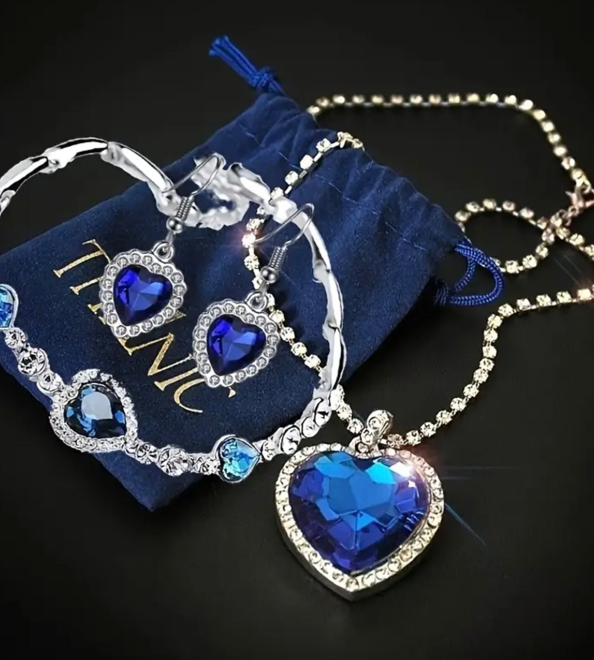 Heart Of The Ocean Jewelry Set Velvet Bag Necklace Bracelet Earrings)