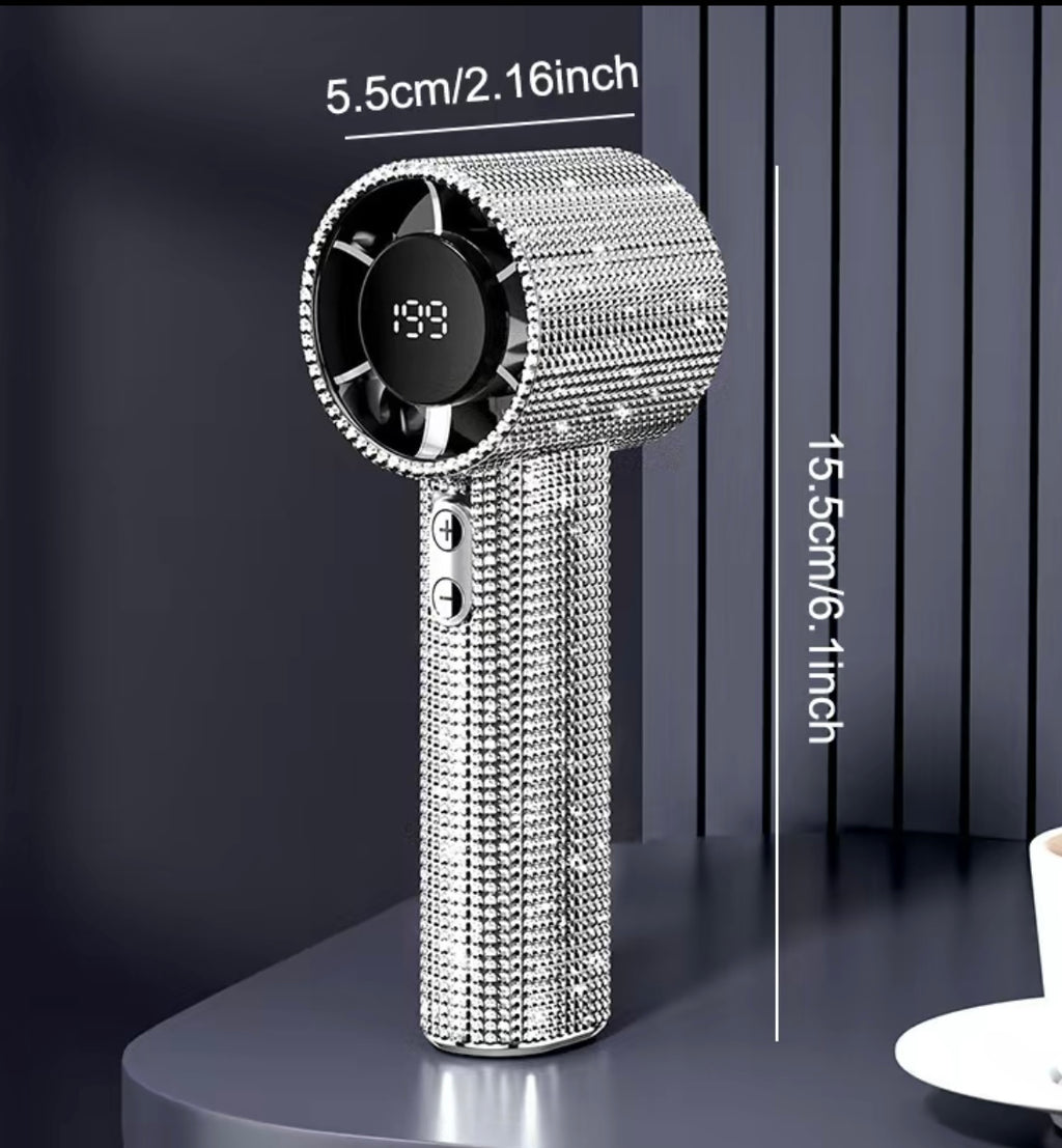 Rhinestone Fan Luxury Bling Portable Handheld Turbo Fan 3 Gear Wind Rechargeable Long Battery Life Hand Fan With Digital Display For Outdoor