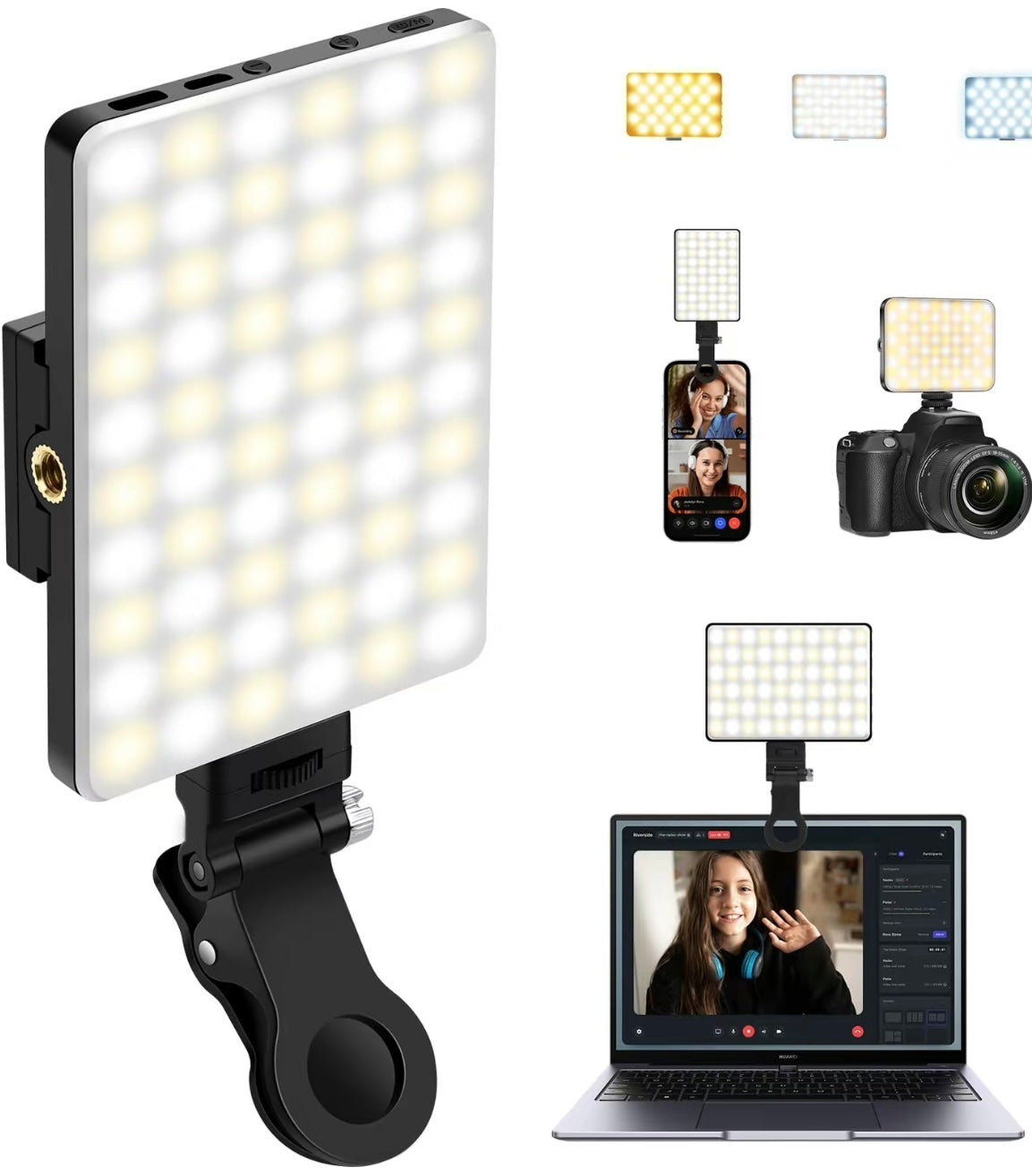 60 LED High Power Selfie light,Rechargeable Clip Fill Video Conference Light with Front & Back Clip,  Cellphone  Accessories  Adjusted 3 Light Modes for Smartphone iPhone, Android, iPad, Laptop, for Makeup, Selfie