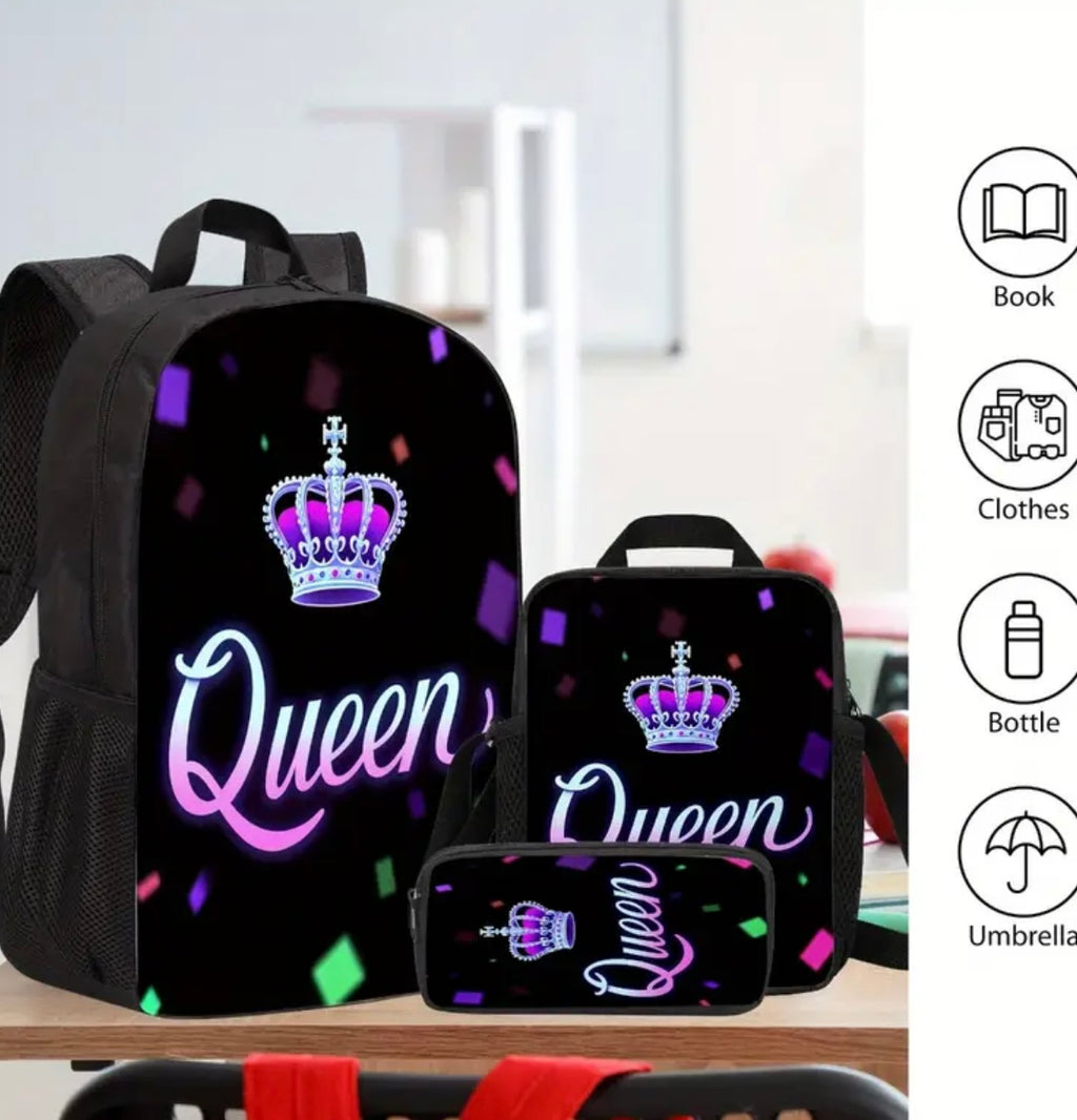 Queen Crowned Letters Design Backpack 3pcs for Men Women, Includes 17.1" Lightweight Large-Capacity Bookpack & Insulated LunchBox & Versatile Pencil Pouch, Best for Learning Outdoor Work Commute Travel Meals Getaways Gifts