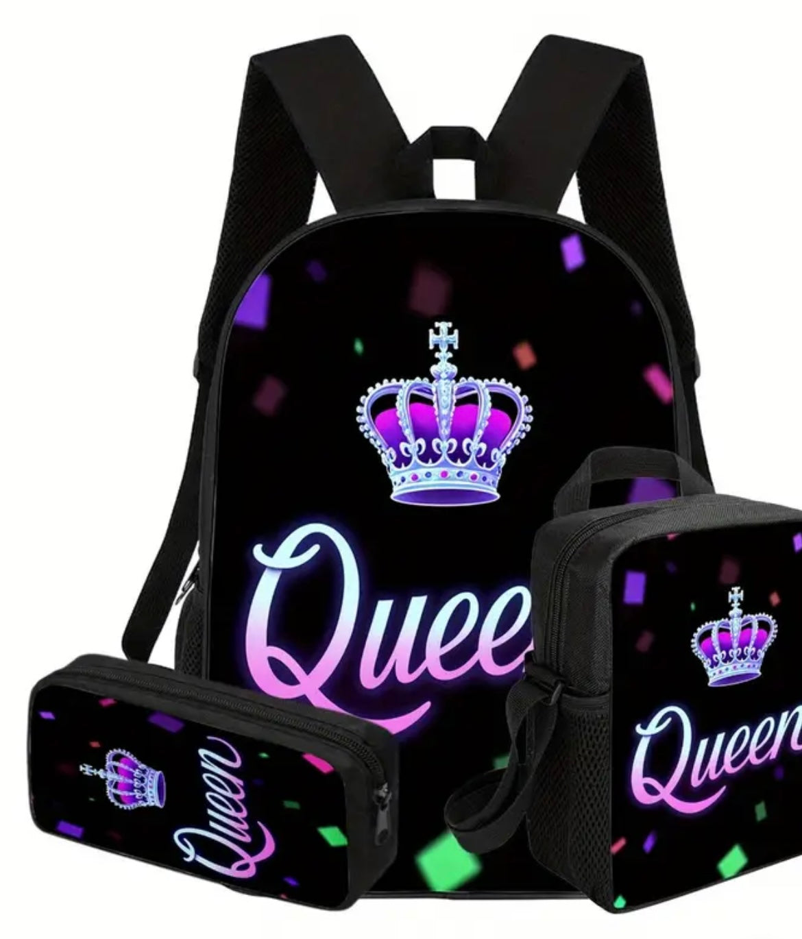 Queen Crowned Letters Design Backpack 3pcs for Men Women, Includes 17.1" Lightweight Large-Capacity Bookpack & Insulated LunchBox & Versatile Pencil Pouch, Best for Learning Outdoor Work Commute Travel Meals Getaways Gifts