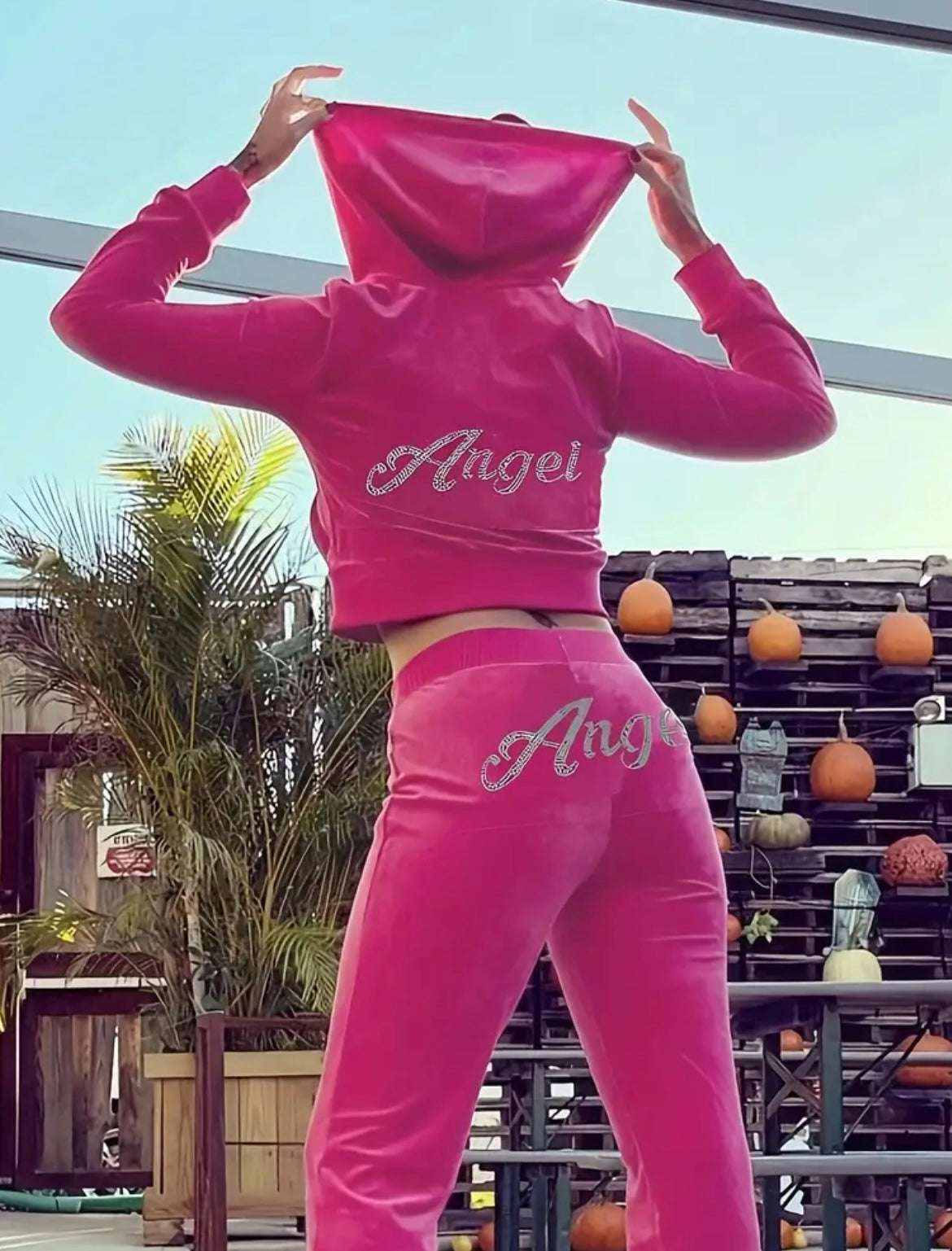 Letter Rhinestone Hooded Two-Piece Set