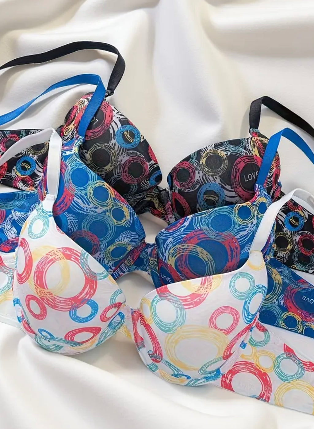 [Push-Up Bras | Adjustable] 3pcs Set Women's Push-Up Bras | Adjustable Underwire, Full-Coverage Non-Detachable Cups | Soft Beige-Friendly Lift & Boning, Multicolor Circle Print (Pink/Blue/Purple)