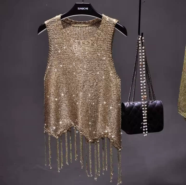 Sexy Shiny Gold Silver Knitted Tank Tops Women Bling Bling Sequined Tassels Knitted Vest Store