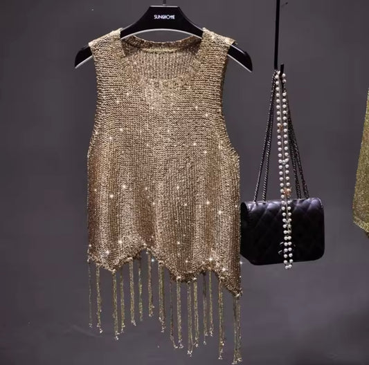 Sexy Shiny Gold Silver Knitted Tank Tops Women Bling Bling Sequined Tassels Knitted Vest Store