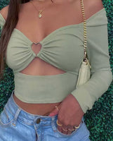 Hollow-Out V-neck Long Sleeve Crop Tops Spring Fall Casual Fashion Women Square Collar Sl