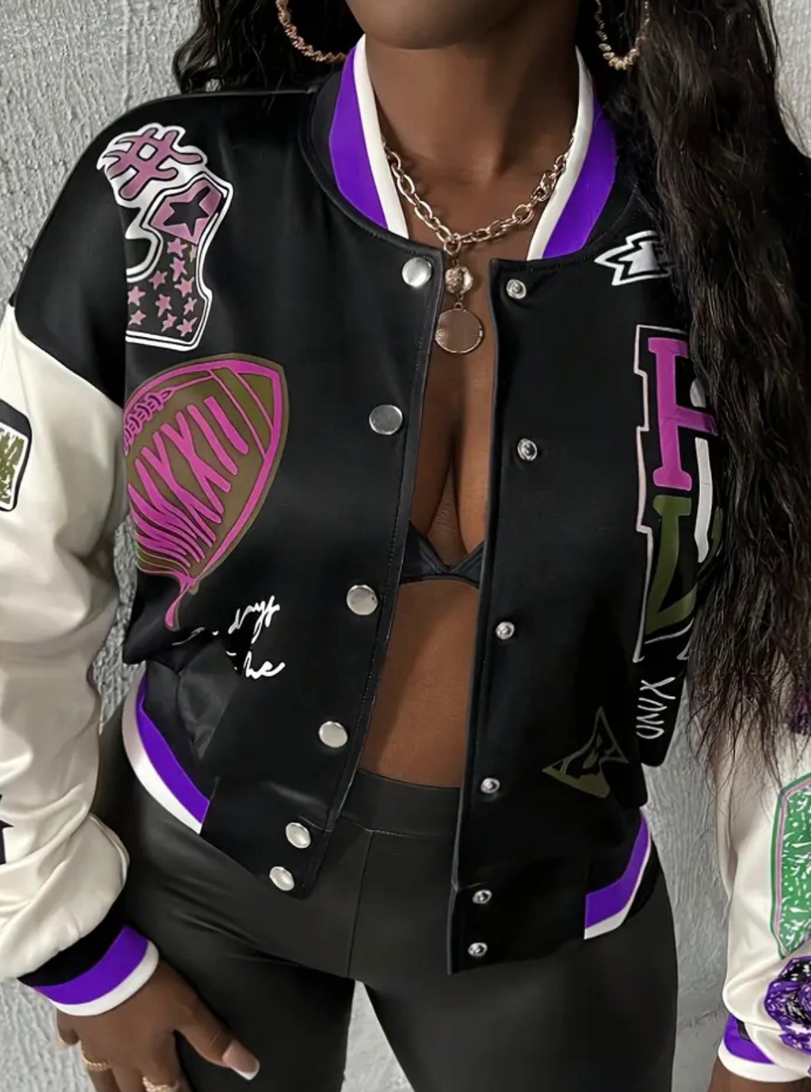 [Gothic Lettering Jacket] Women's Elegant Gothic Lettering & Color Block Jacket - Purple/Black/Pink/White/Gray/Green/Beige/White Two-Button Closure Collar Structured Blazer - Spring/Outfits - Machine Washable