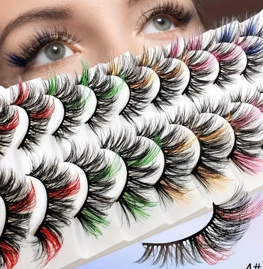 10 Pairs Dramatic Christmas Halloween Colorful False Eyelashes - Soft, Comfortable, Voluminous & Curled, Natural Look for Stage Makeup & Party Wear, Assorted Colors (Pink, Blue, Green, Yellow, Orange, Purple), Reusable & Beginner-Friendly Eyelashes