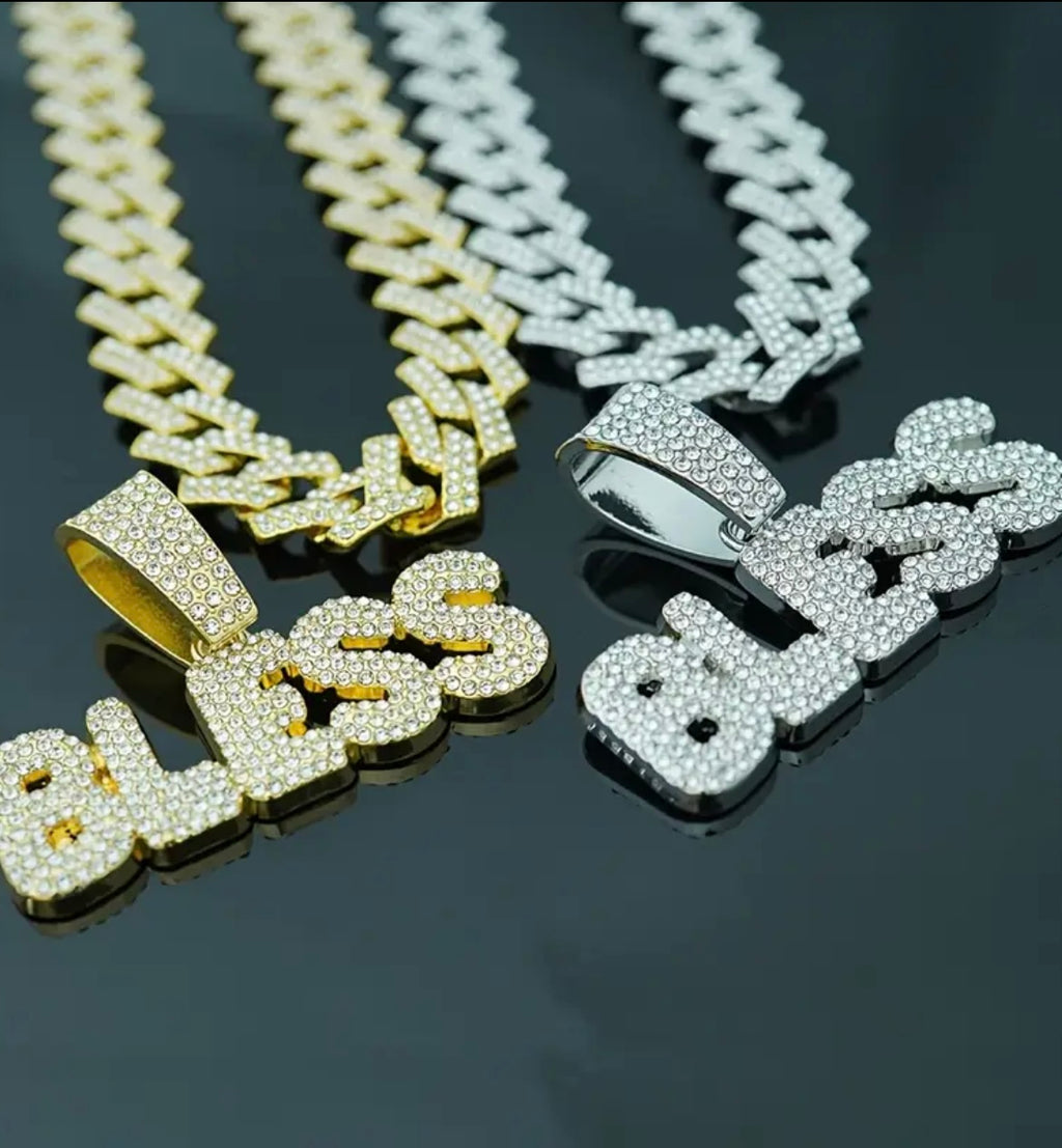 [Luxury BLESS Necklace] Luxury Rhinestone BLESS Jewelry Hip-Hop Letter Necklace | 18-Inch Unisex Cuban Chain Pendant - Holiday Gift, 1pc
