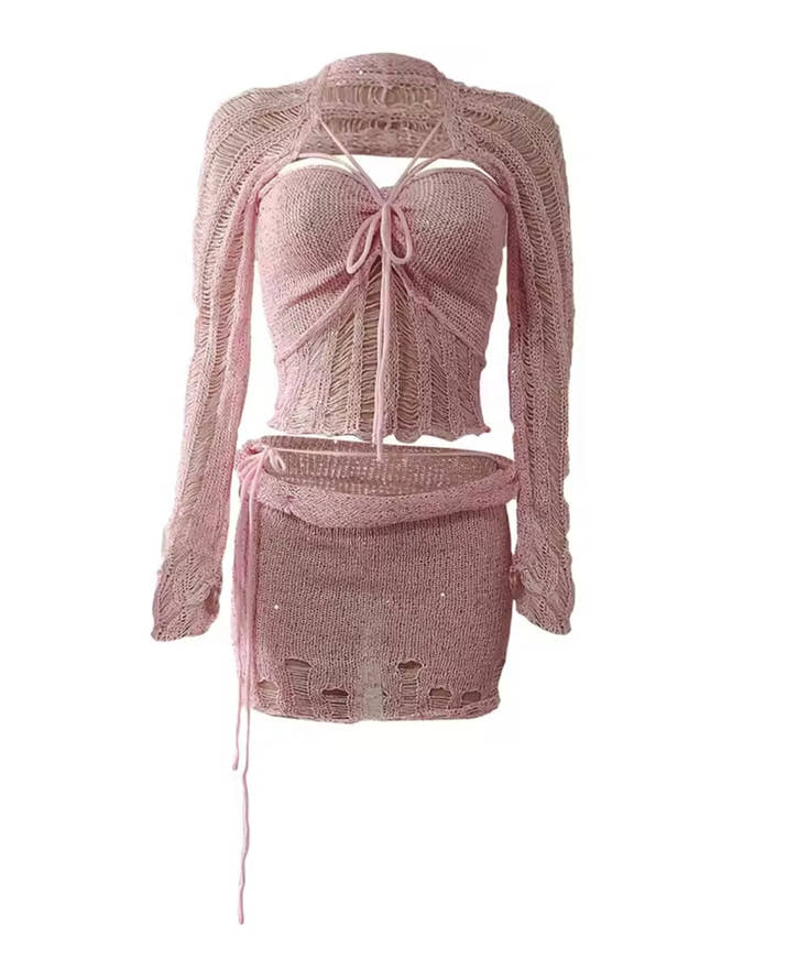 Crochet Knitted Dress 2 Piece Skirt Sets with Beaded Detailing and Flared Sleeves for Stylish Outfits