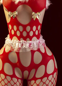 Women's Christmas Lingerie Jumpsuit - Off-Shoulder Grid Pattern Red & White Sheer Bodysuit with Lace Trim & Ruffled Details for Holiday Flirting & Intimate Nights