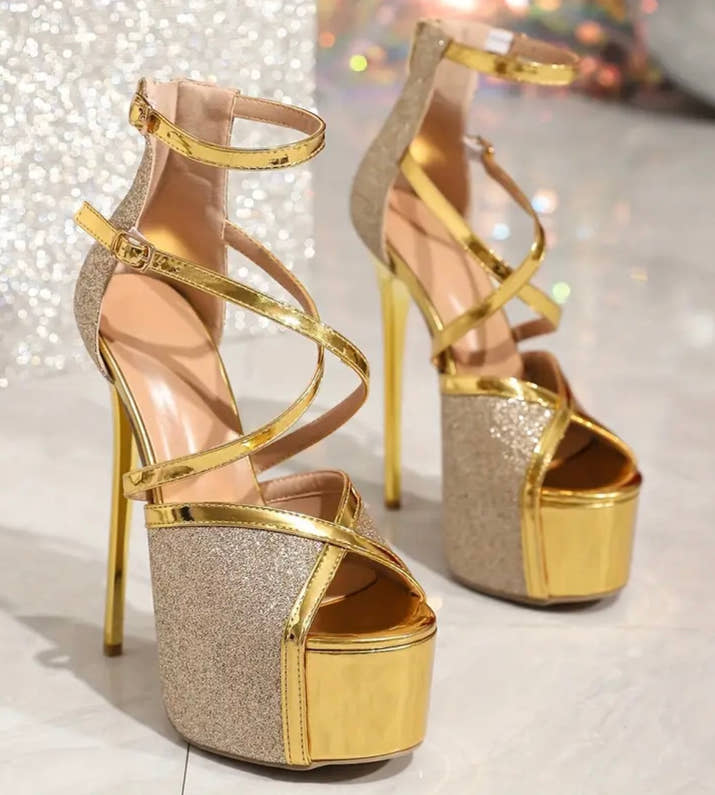 [Golden High Heel] 16cm Stiletto High Heel Sandals | Elegant Golden, Sparkling Ankle Strap, Open Toe Design, Synthetic Perfect for Weddings and Formal Events
