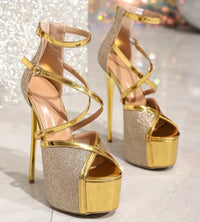 [Golden High Heel] 16cm Stiletto High Heel Sandals | Elegant Golden, Sparkling Ankle Strap, Open Toe Design, Synthetic Perfect for Weddings and Formal Events