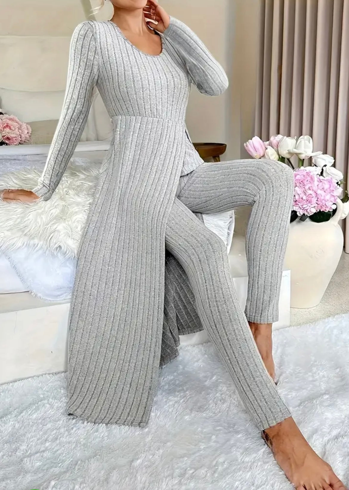 [Plaid Two-Piece] Two-Piece Set Round Neck Split Long Sleeve Top and Pants | Design Sensation with Plaid Spring/Autumn Style