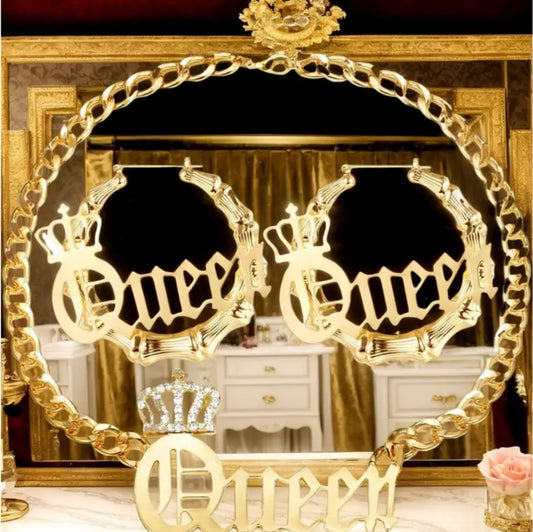 MILACOLATO Women'S Hip Hop Rapper Pendant Curb Chain Necklace with Oversize Statement 90s Bamboo Hoop Earring Set