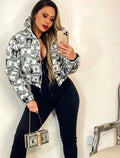 Women's Dollar Bill Print Jacket - Short Cropped Coat with Full-Zip Front, Retro Money Motif (Banknotes & Dollar Signs), Golden Washable Outerwear for Parties, Clubwear & Themed Events - Non-Stretch Currency