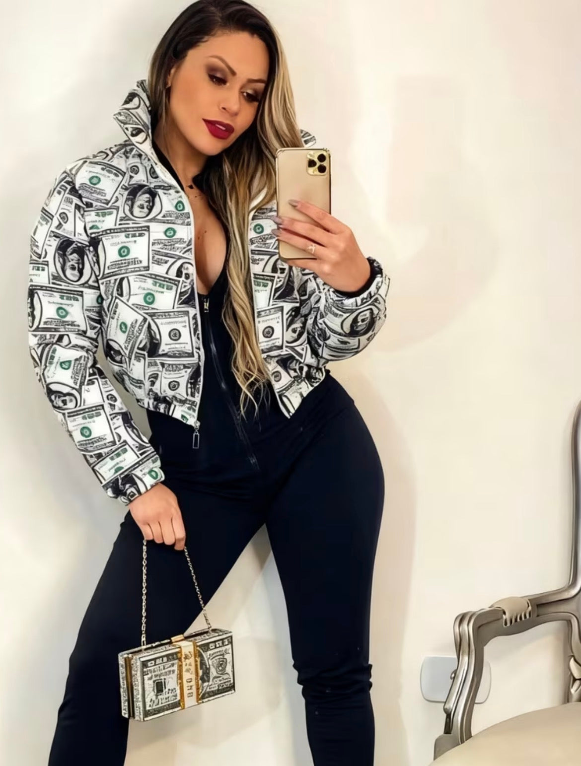Women's Dollar Bill Print Jacket - Short Cropped Coat with Full-Zip Front, Retro Money Motif (Banknotes & Dollar Signs), Golden Washable Outerwear for Parties, Clubwear & Themed Events - Non-Stretch Currency