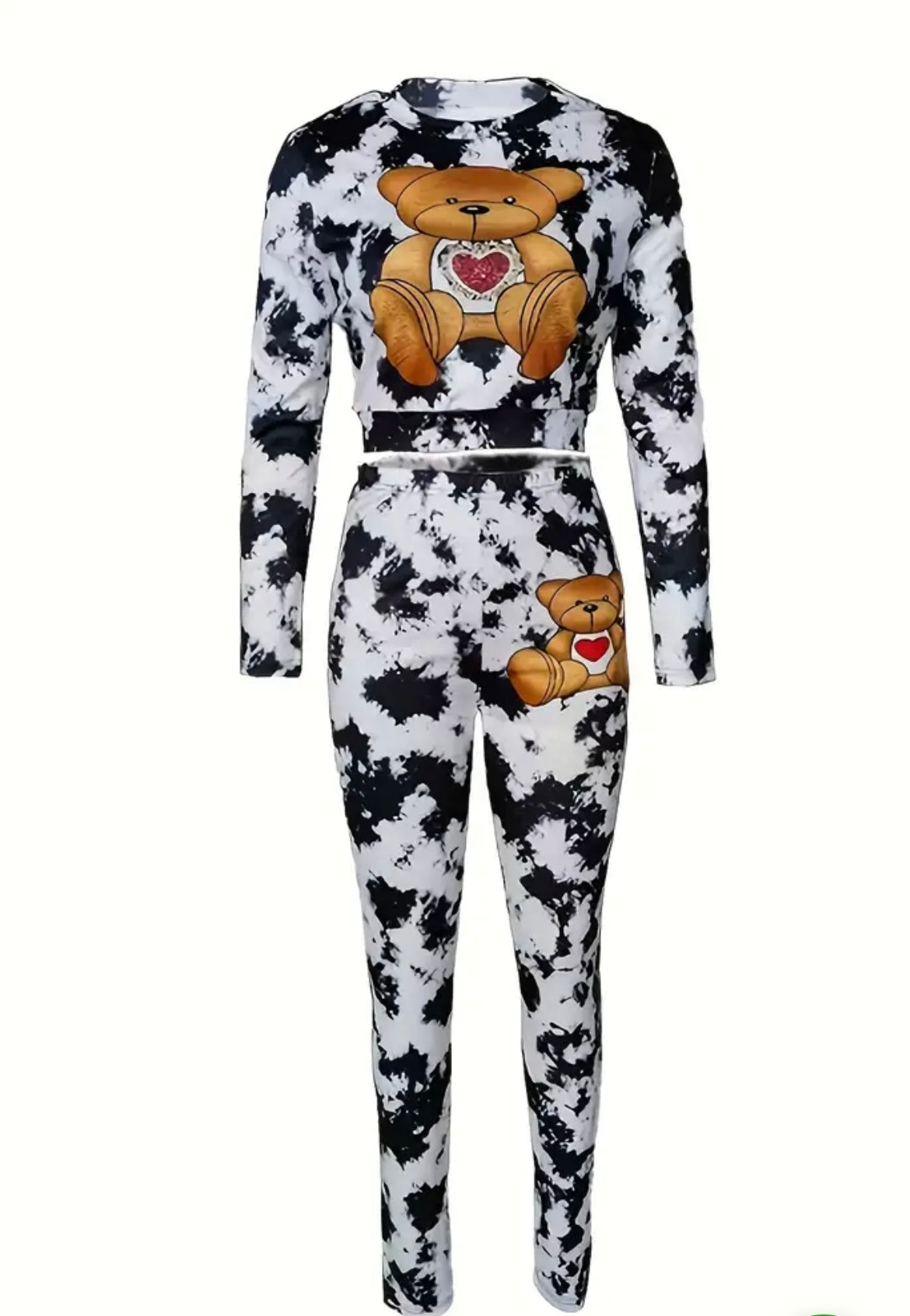 Casual Camo Bear Print Polyester Knit 1set Women'S Long Sleeve Jumpsuit - Round Neck X-Shape Silhouette Spring/Autumn Fashion Outfit