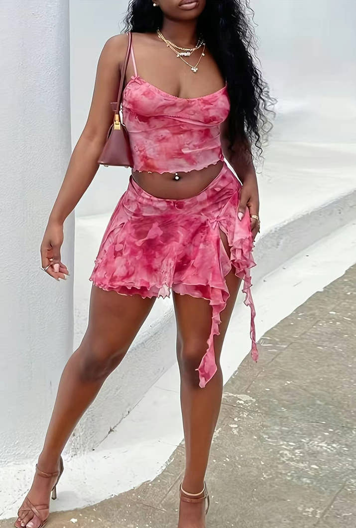 Two Pieces Women’s Set,All Over Print Crop Cami Top and Split Hem Skirt