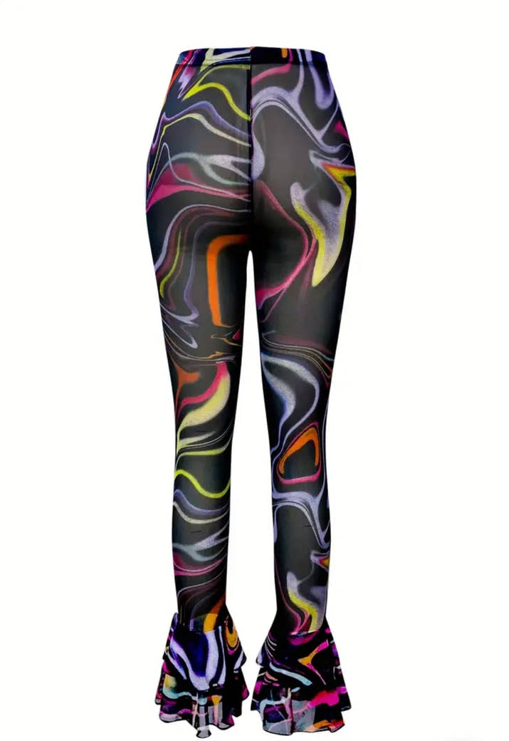 [Stretchy, Abstract Print Pants] Stretchy, Lightweight & Breathable Women's Sexy Sheer Mesh Flare Leg Pants - Elastic Waist, Vibrant Colorful Abstract Print for Fall, Adult Fashion