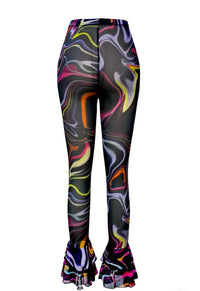 [Stretchy, Abstract Print Pants] Stretchy, Lightweight & Breathable Women's Sexy Sheer Mesh Flare Leg Pants - Elastic Waist, Vibrant Colorful Abstract Print for Fall, Adult Fashion