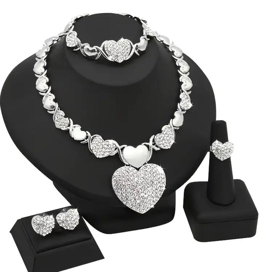 4pcs Set Of Luxury Jewelry XOXO Heart Pendant Necklace Bracelet Earring Ring Women Jewelry Set for Gift for Mother's Day Wedding Party Jewelry