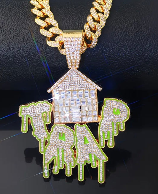 1pc TRAP Pendant Necklace with Ice Cuban Chain - White Golden Plated Hip Hop Jewelry, Green Dripping TRAP Design & House Motif, Unisex Urban Streetwear Gift for Christmas, Parties & Daily Wear
