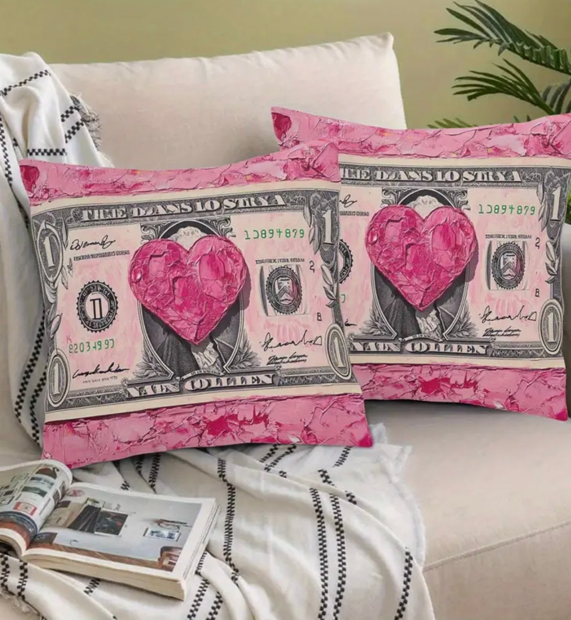 2pcs Pink Dollar Bill Design Pillow Covers - Soft Plush, Zip Closure, Machine Washable, Contemporary Style for Home & Valentine'S Day Theme with Heart Accents, Decorative Pillows