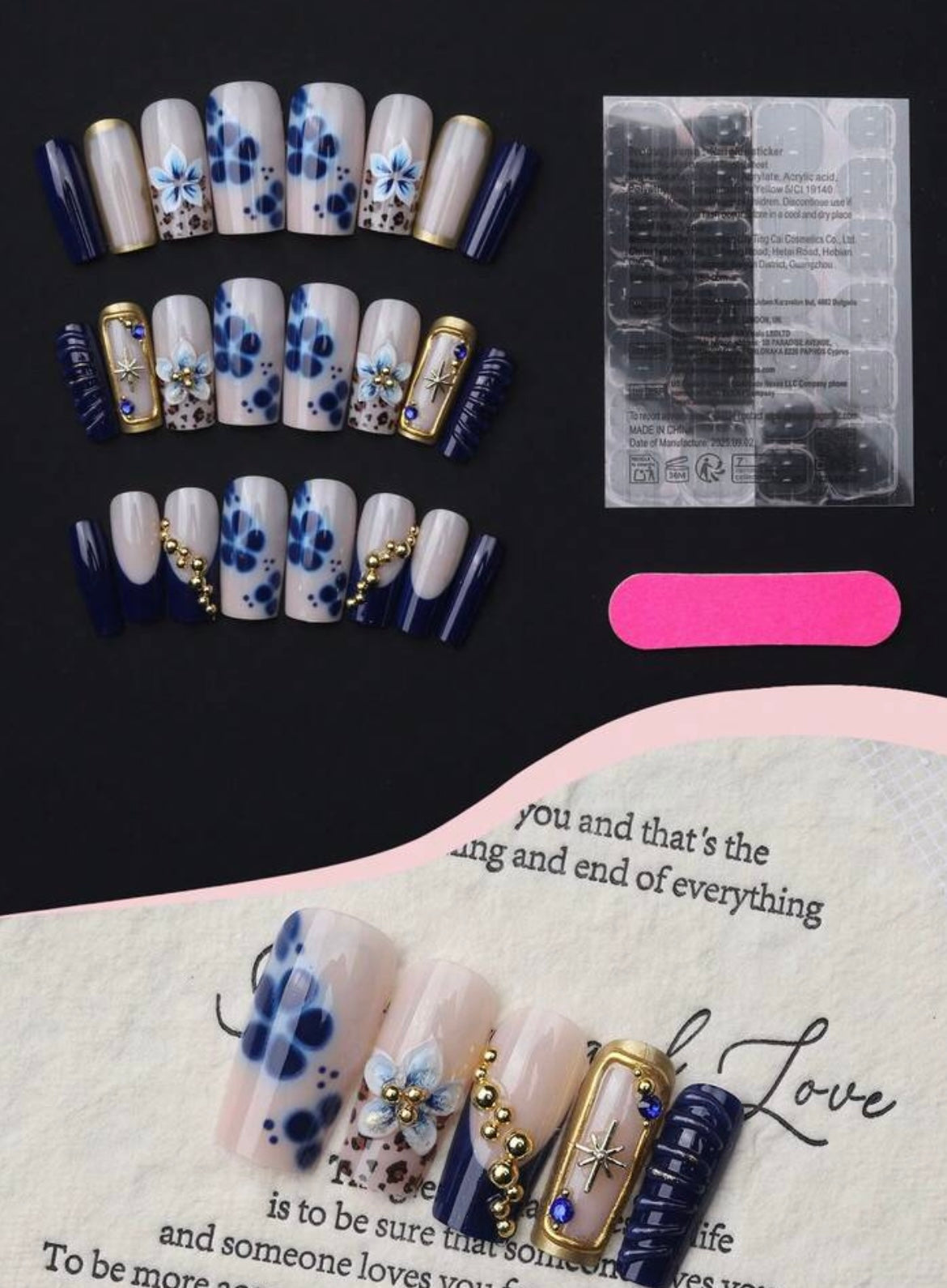 Royal Bloom – Blue Floral Press-On Nails with Gold 3D Char