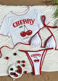 Women's Fashionable Sexy Letter Print Three-Piece Swimsuit Set with Halter Neck Top and High-Cut Triangle Bottoms Cherry Print - Beimun Warm Orientation Plan