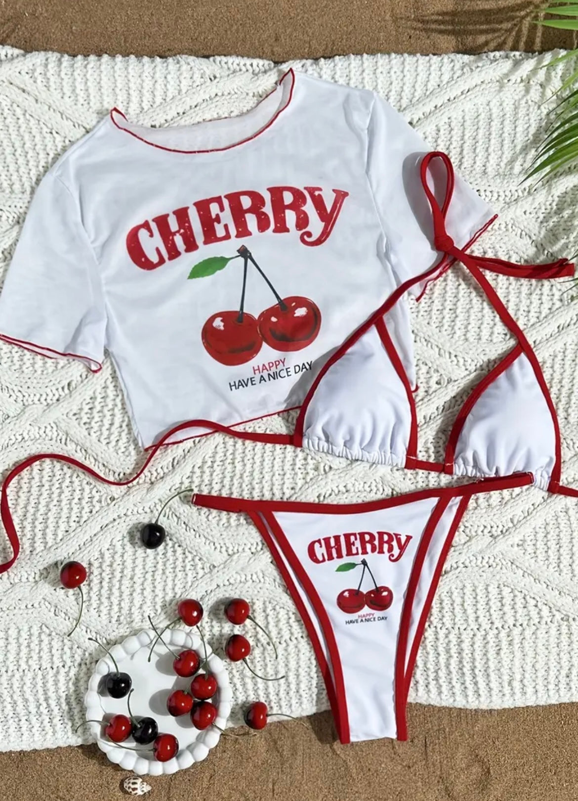 Women's Fashionable Sexy Letter Print Three-Piece Swimsuit Set with Halter Neck Top and High-Cut Triangle Bottoms Cherry Print - Beimun Warm Orientation Plan