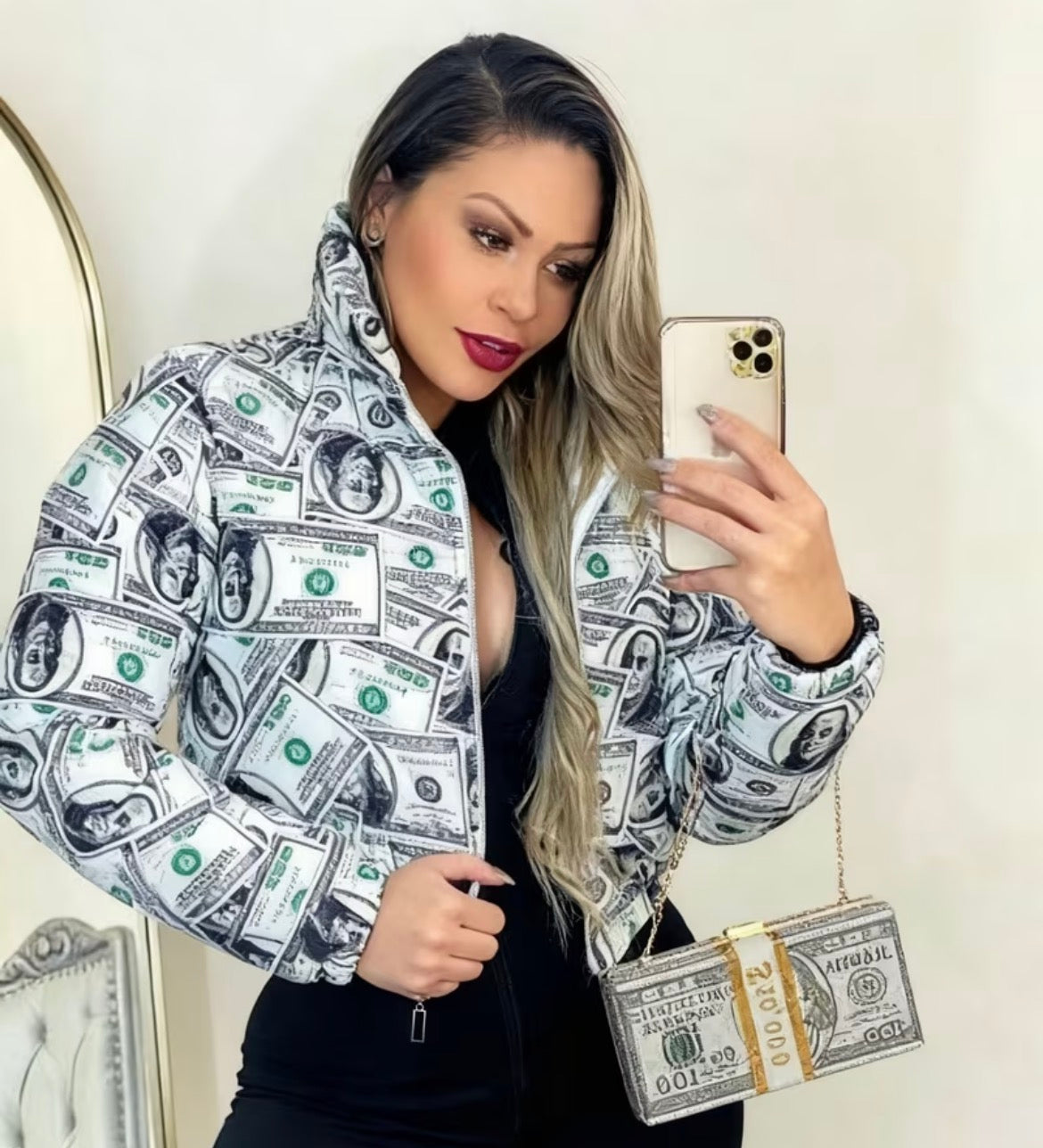 Women's Dollar Bill Print Jacket - Short Cropped Coat with Full-Zip Front, Retro Money Motif (Banknotes & Dollar Signs), Golden Washable Outerwear for Parties, Clubwear & Themed Events - Non-Stretch Currency