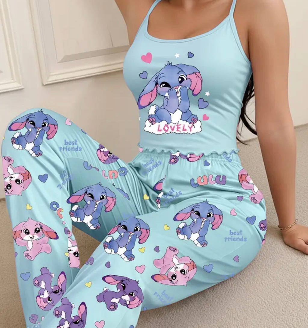 Women'S Cute Rabbit Heart Letter 'LOVELY' Printed Camisole with Long Pants Pajama