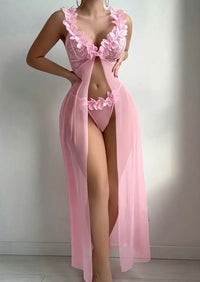 2 Sets Of Europe And The United States Sexy Love Interest Pajamas Female Temptation Open Fork See-through Halter Dress Long Skirt Thong Pants Two Sets to Send A Lover Gift Lover