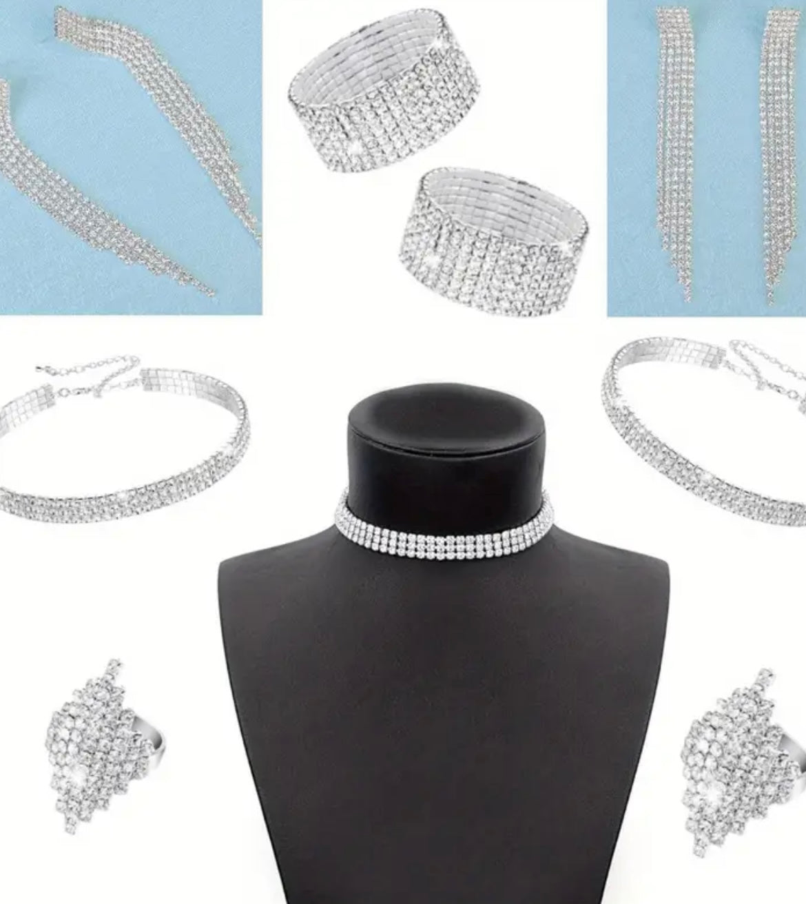 Women Rhinestone Jewelry Set, Rhinestone Choker Stretch Bracelet Bangle Rhinestone, Necklace Ring Dangle Fringe Earrings for Wedding, 8pcs Bridal Birthday Party Accessories