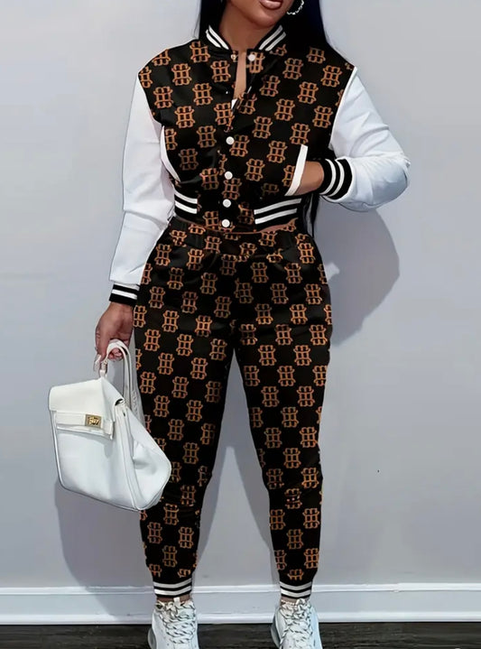 2pcs Sports Suit Set - Women's Baseball Sweatshirt and Sports Pants