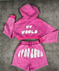 Matching Embroidery Track Jogging Sweat Suit with Acid Wash Crop Tracksuit