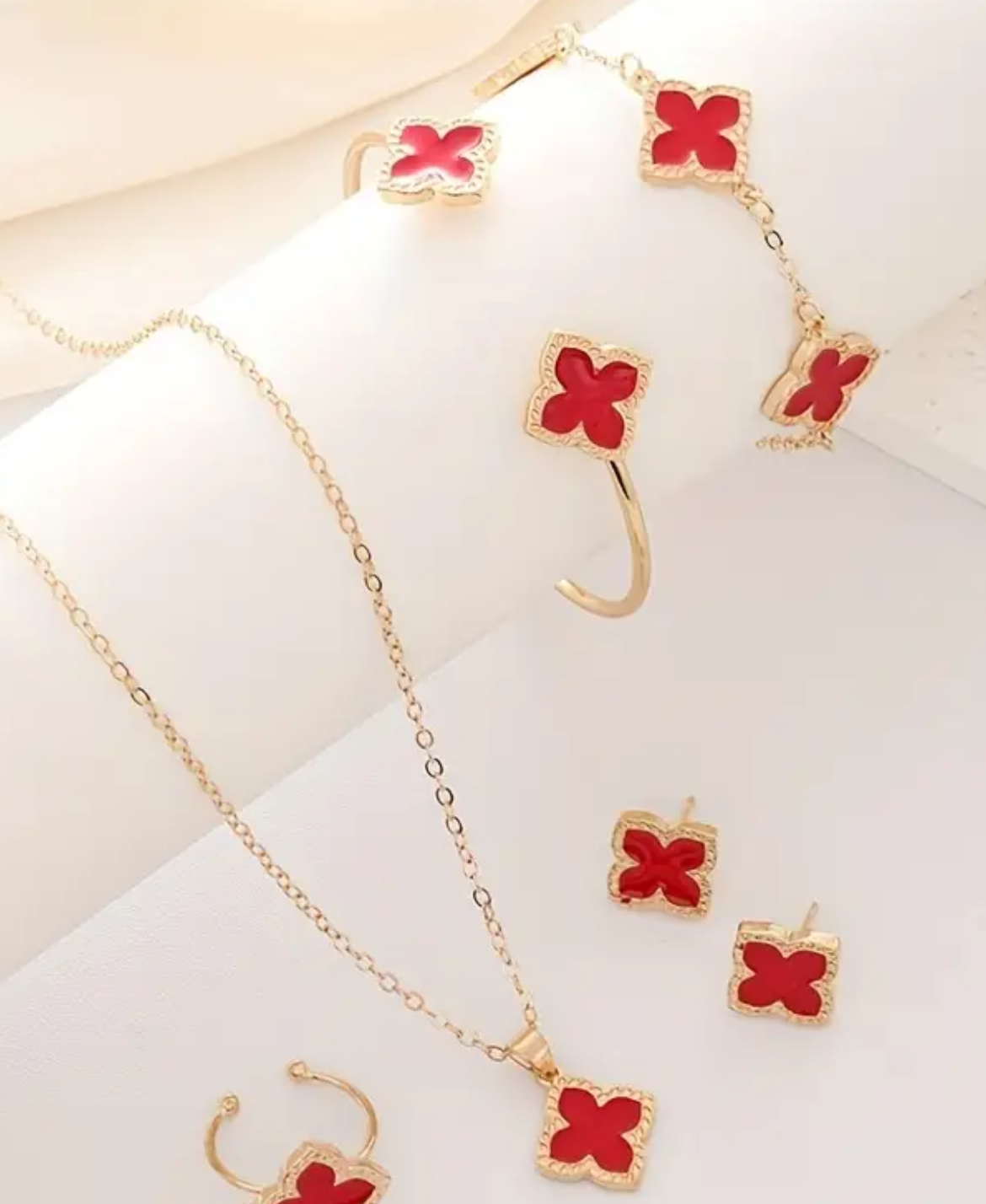 6pcs KC Golden-Plated Clover Jewelry Set - Elegant Matching Earrings,Bracelet & Ring with Clover Flower Charms, Daily Wear, (Year-Round) - Affordable Luxury Suitable for Daily & Special Occasions