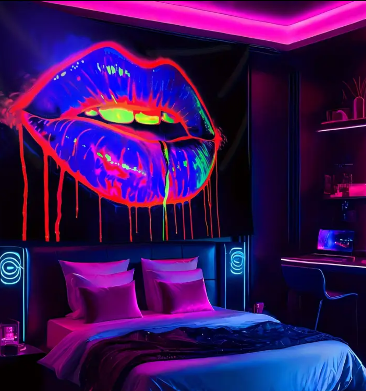 1pc Vibrant UV Reactive Lip Tapestry- Large Fluorescent Wall Hanging with Glowing Neon Colors, Peach Skin Fabric, Suitable for Bedroom, Living Room, or Party Indoor Decoration, Includes Free Accessories