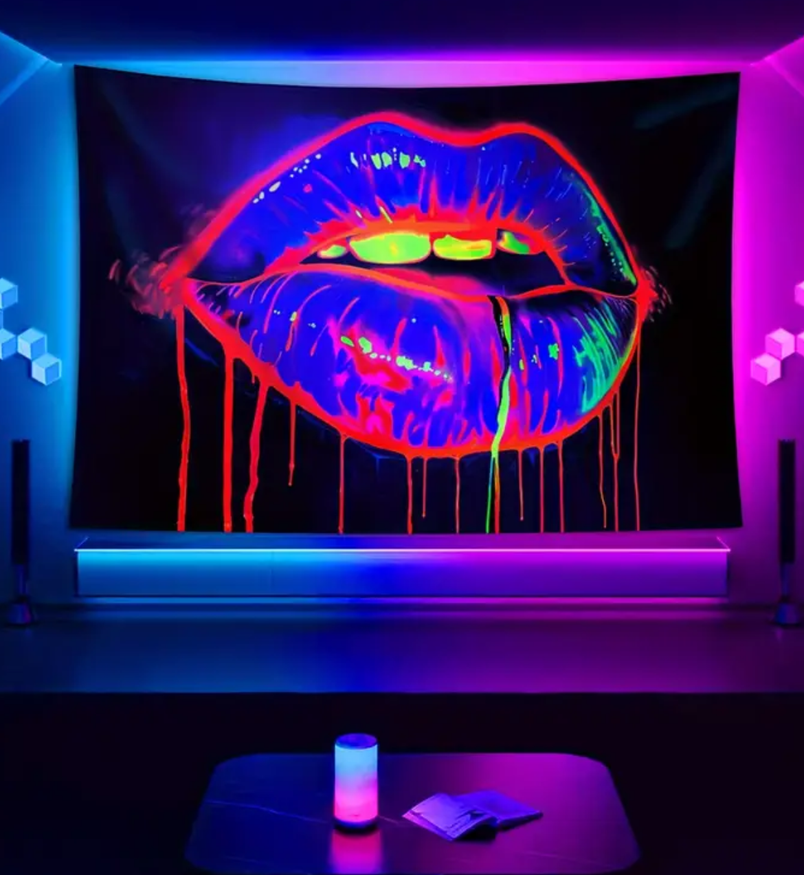 1pc Vibrant UV Reactive Lip Tapestry- Large Fluorescent Wall Hanging with Glowing Neon Colors, Peach Skin Fabric, Suitable for Bedroom, Living Room, or Party Indoor Decoration, Includes Free Accessories