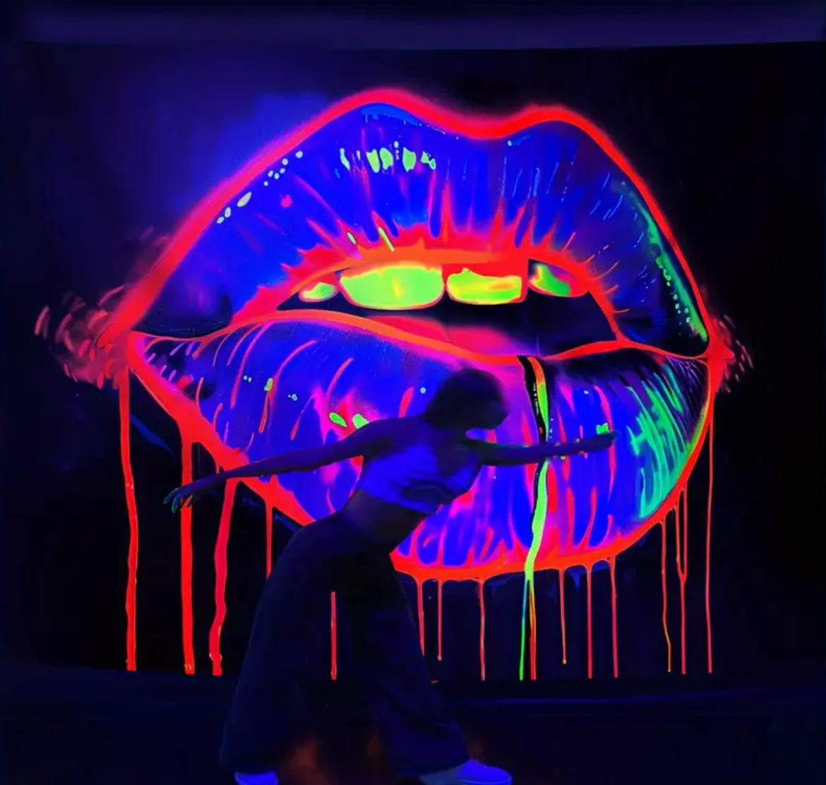 1pc Vibrant UV Reactive Lip Tapestry- Large Fluorescent Wall Hanging with Glowing Neon Colors, Peach Skin Fabric, Suitable for Bedroom, Living Room, or Party Indoor Decoration, Includes Free Accessories
