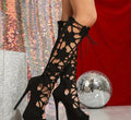 Floral Cutout Lace-Up Open Toe Stiletto Bootie - European Style All-Season High Heel Ankle Boots with Zipper, Flannel Upper