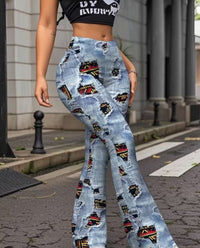 Women'S Elegant Flare Leg Pants - Stretchy Bell Bottoms with All-Over Print, Non-Slip Grip,
