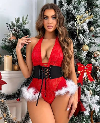 Christmas Red New Year Sexy Hollow-Out Waist Belt Bodysuit Cosplay Costume, Festive Wear, Party Outfit, Sheer Fabric, Lace Detailing, Stretchy Fit,